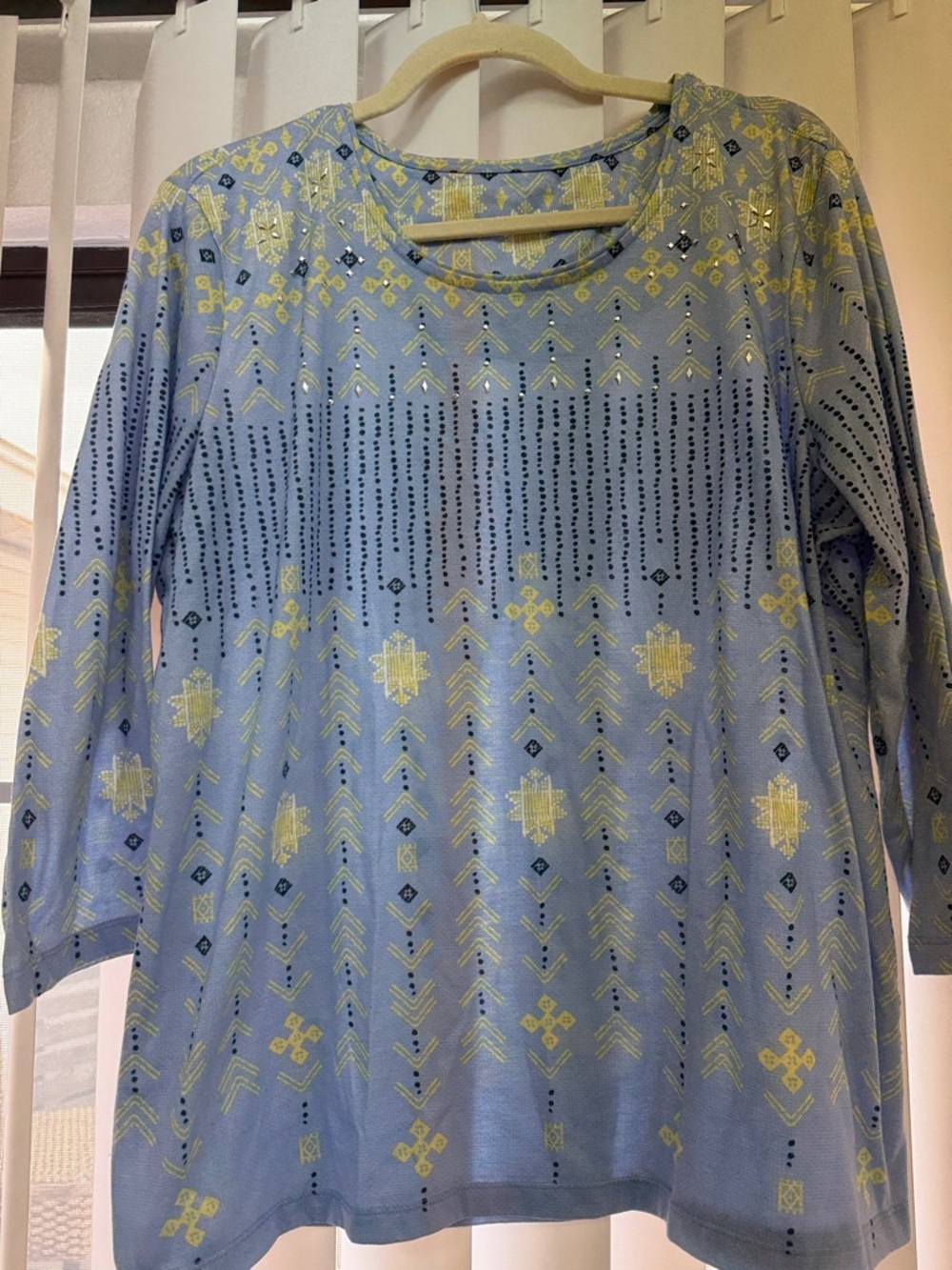 Allison Daley Light Blue Long Sleeve Top with Gold Metallic Pattern
